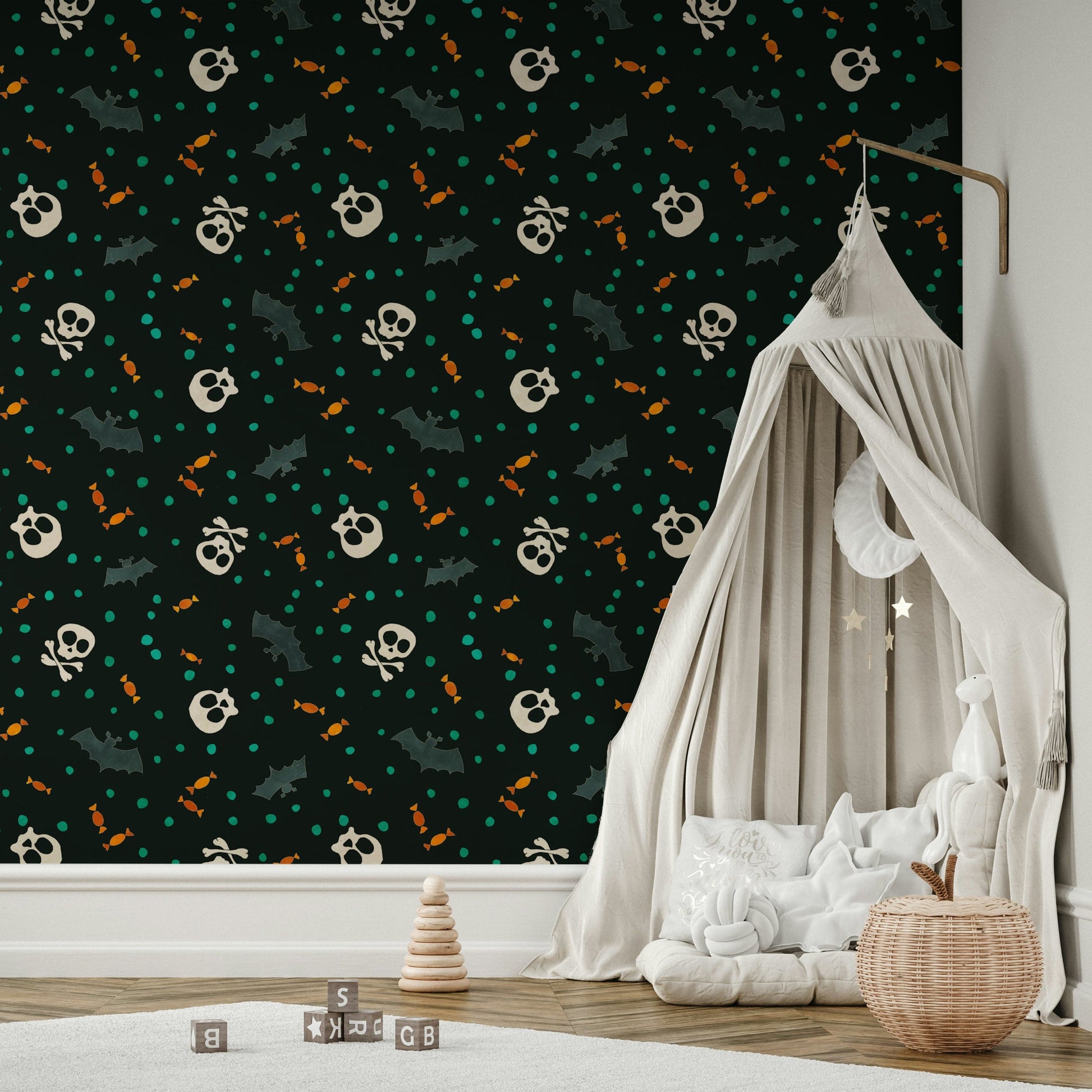 Dark Trick or Treat Party Wallpaper bedroom.