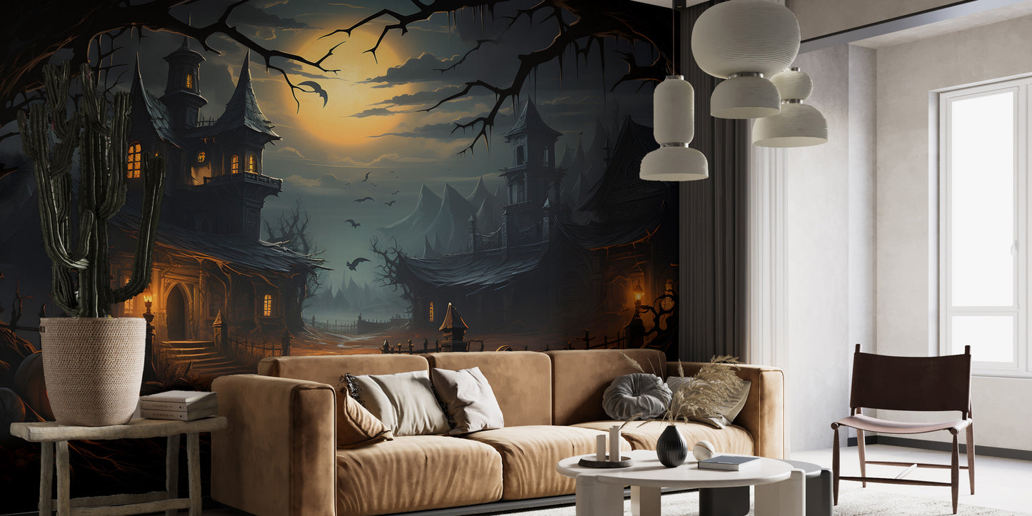 Temporary Halloween wall mural in a living room with a brown leather sofa and a classic bust for a moody look.