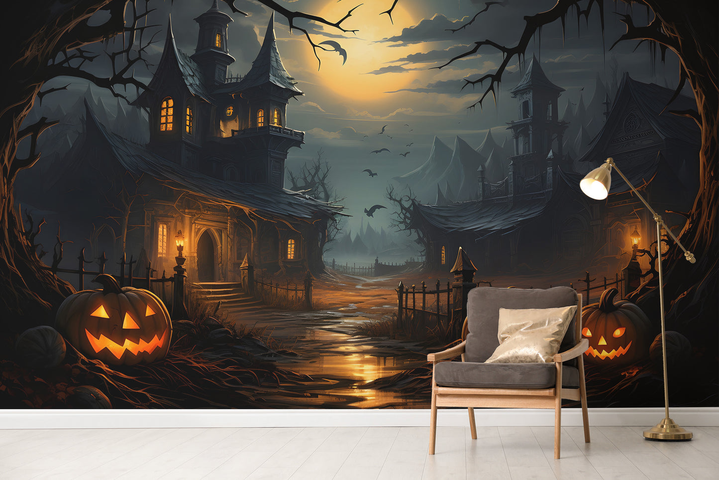 Premium haunted house wall mural in a cozy reading corner with a grey armchair and floor lamp for a gothic feel.