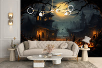 Removable haunted house mural behind a cream sofa in a living room for a damage-free, festive Halloween update.
