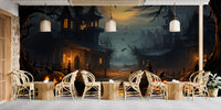 Dark haunted house mural on premium canvas in a large dining space for a high-end, spooky gathering atmosphere.