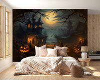 Haunted house wall mural in a bedroom using peel and stick material for an eerie and temporary seasonal transformation.