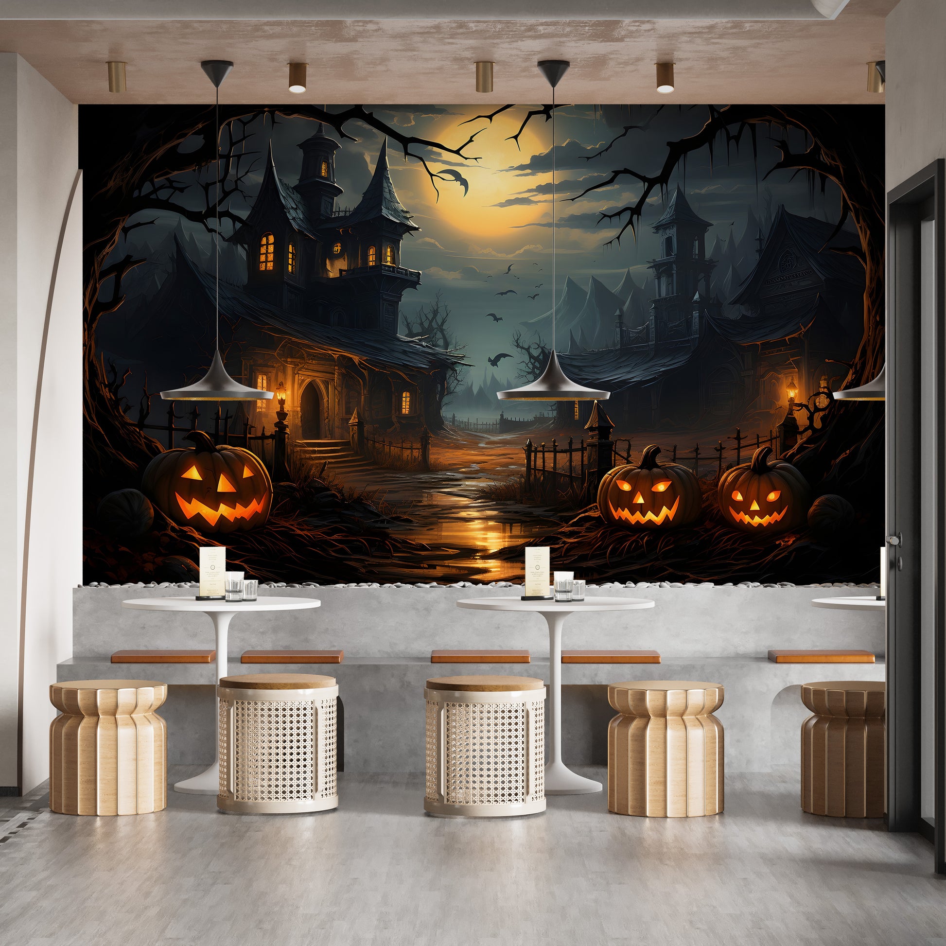 Spooky haunted house wallpaper mural in a cafe with white tables and wooden stools for a festive Halloween atmosphere.