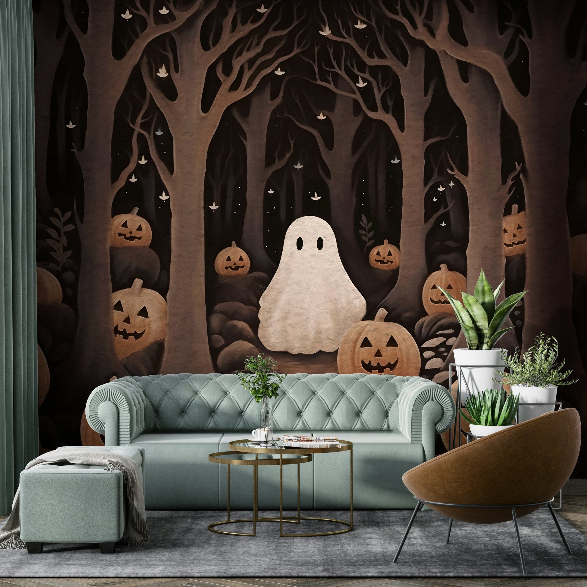 The pumpkins are glowing and have friendly faces wall mural.

