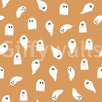 Repeating pattern of animated spooky specters for Halloween décor.