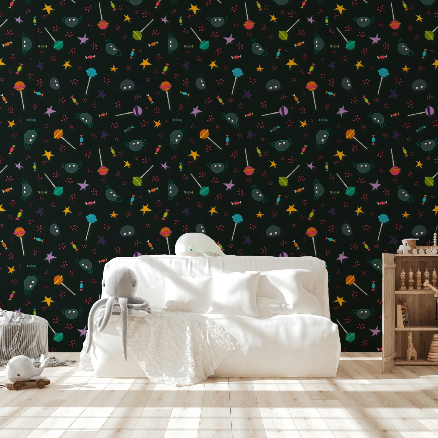A wallpaper with a repeating Halloween-themed pattern.
