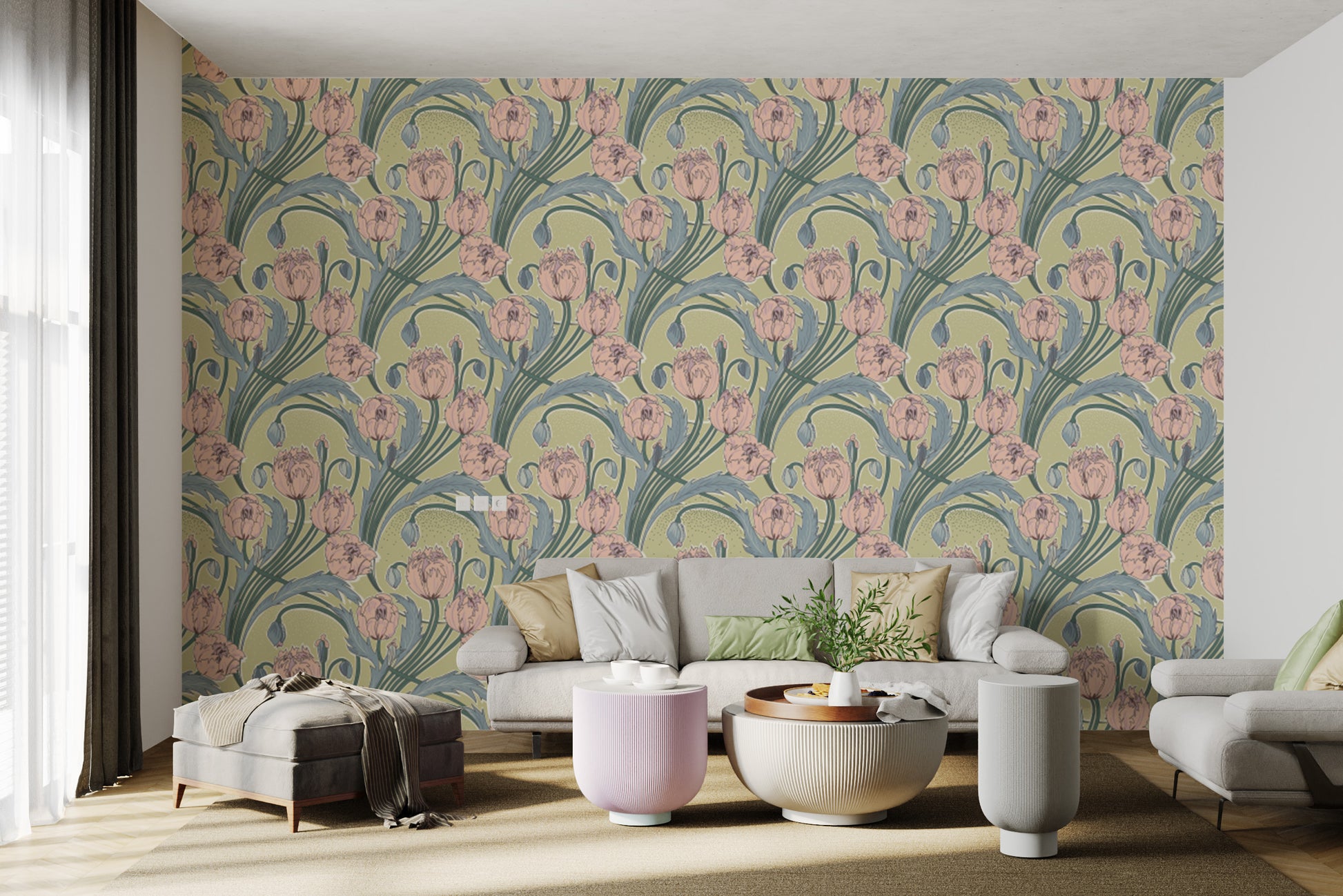 Artistic Spring Elegance wallpaper for serene floral interiors.
