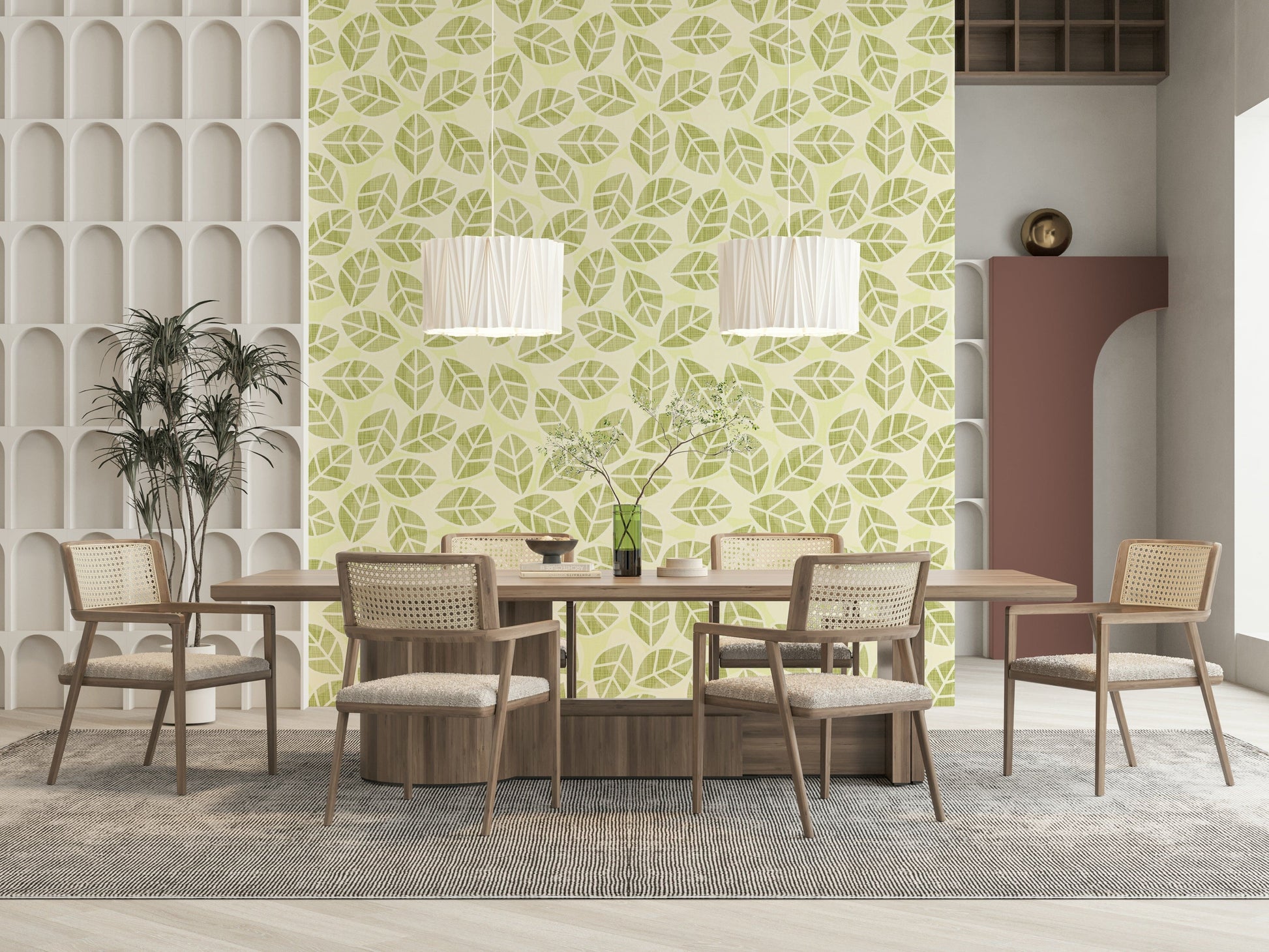 Leaves in Spring Green Wallpaper – Bright and airy wall design featuring scattered fresh green leaves.