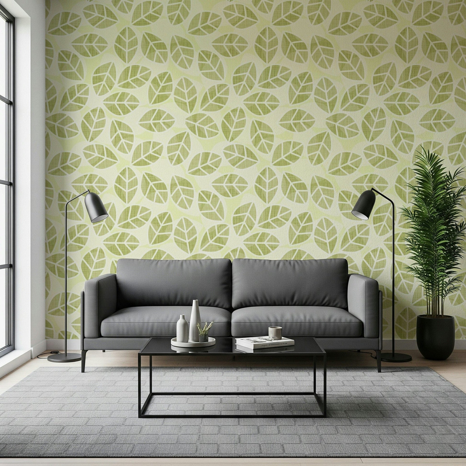 Spring Green Leaves Wall Mural – Cheerful design with overlapping leafy motifs in bright, fresh greens.