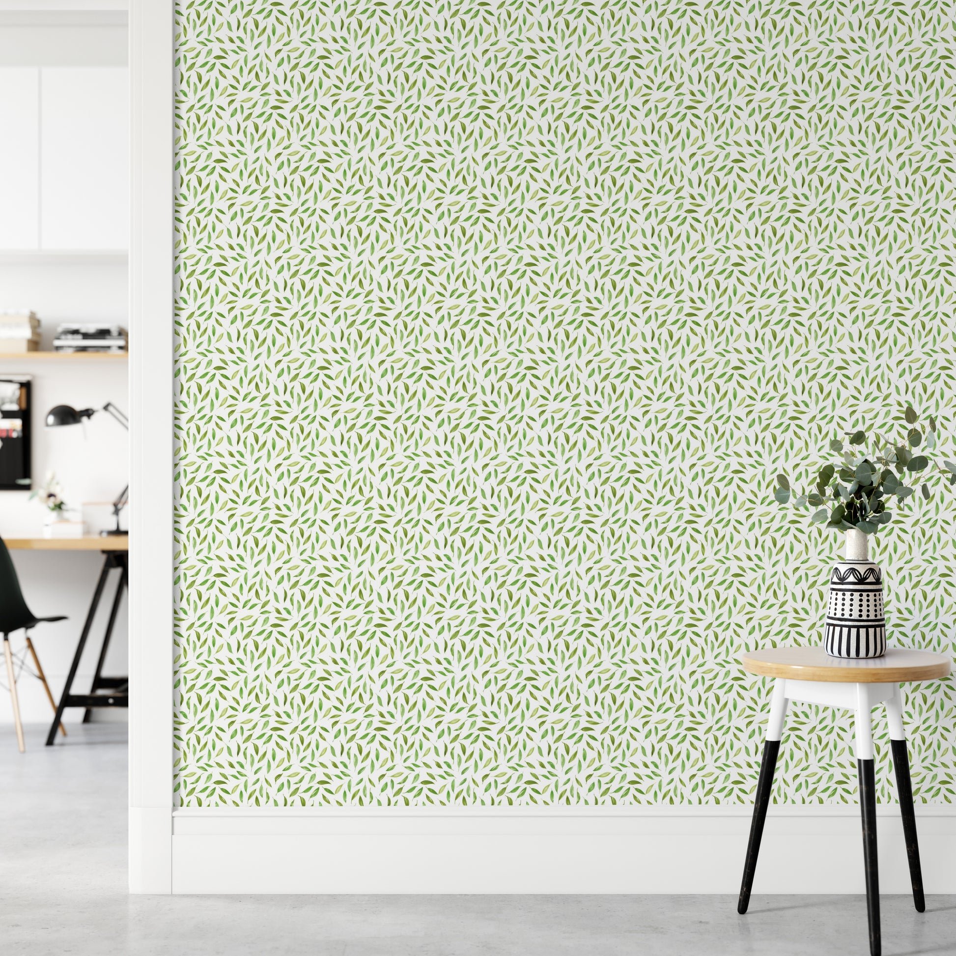 Watercolor spring leaves mural in pastel hues

