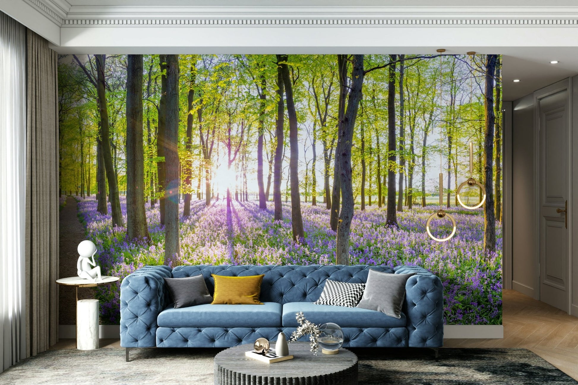 The mural shows a peaceful scene with trees, flowers, and a stream.

