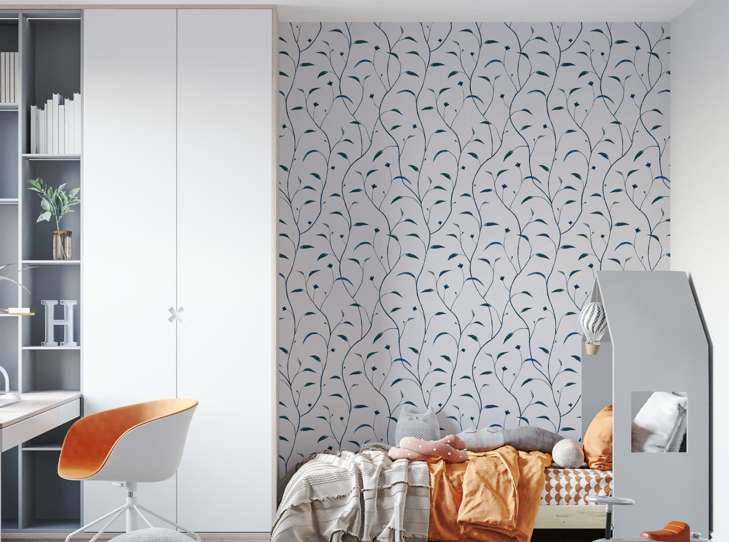 Botanical wall mural with indigo background

