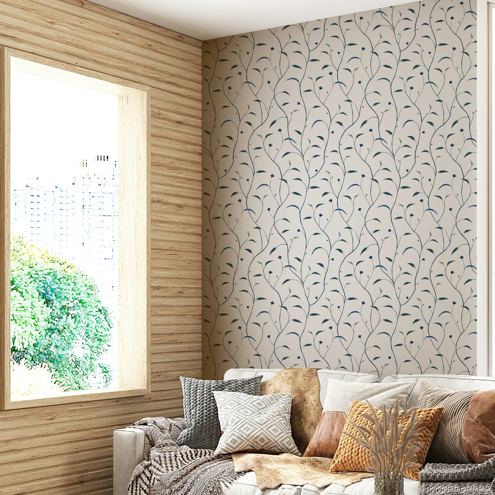 Deep indigo wallpaper with botanical design

