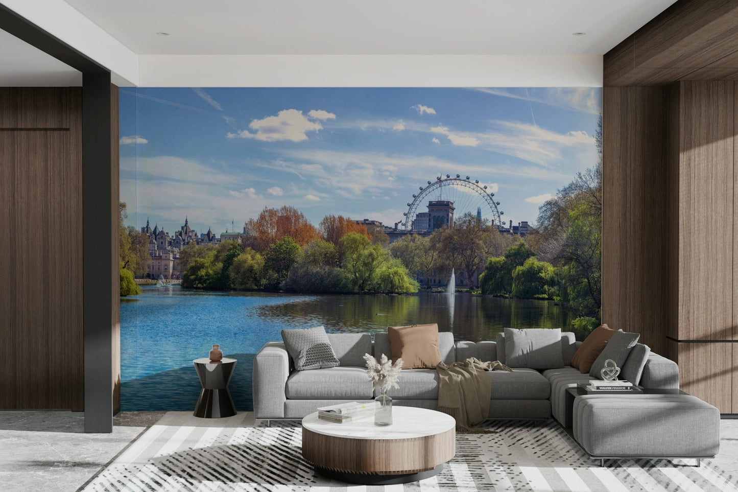 The room's lighting highlights the serene, quiet feel of the mural.

