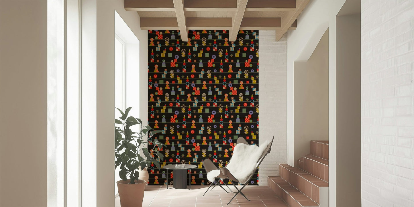 Colorful retro shapes aligned in stripes across a modern charcoal wallpaper layout.