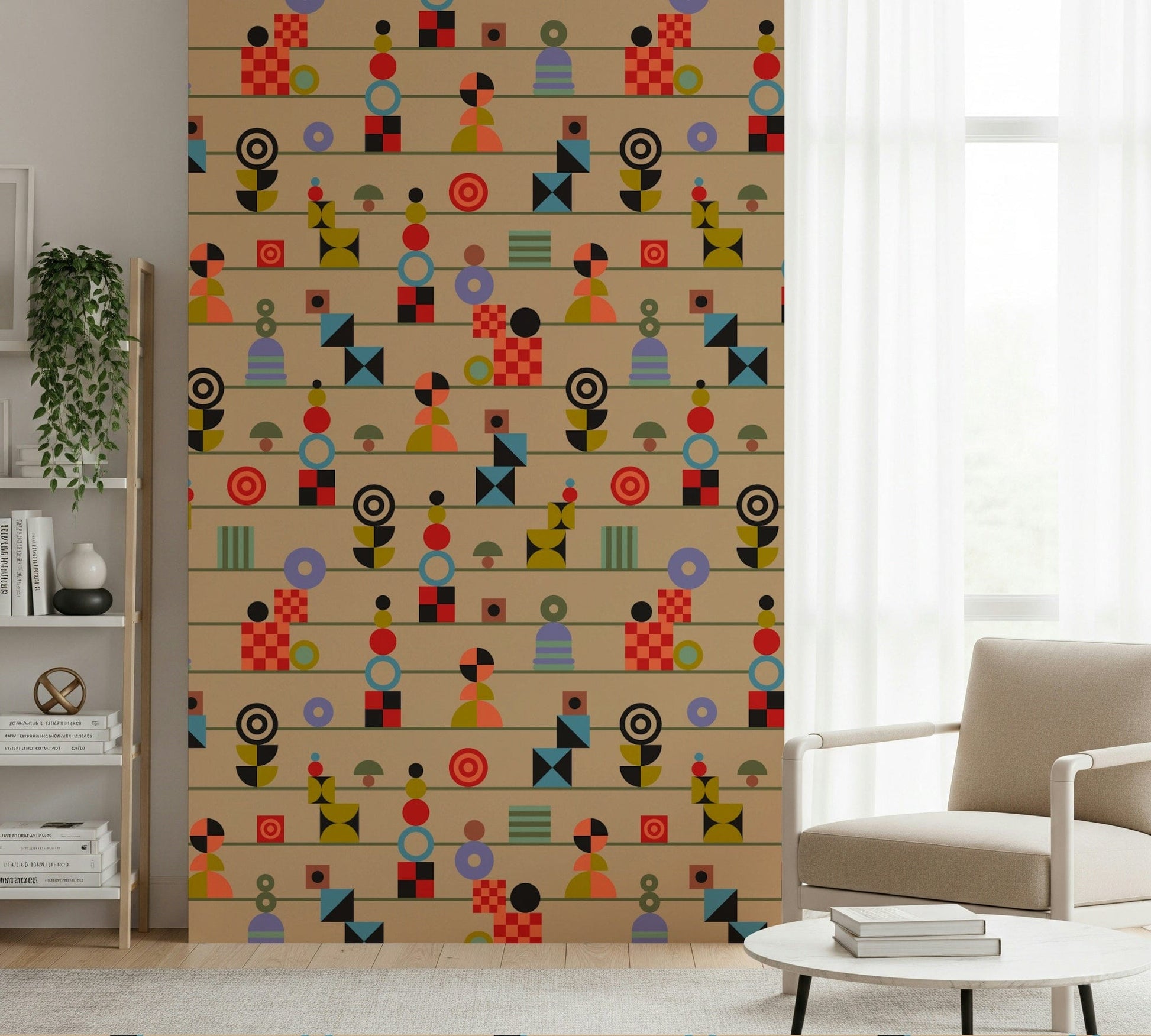 A fun retro aesthetic wallpaper with horizontal stripes filled with varied geometric shapes.