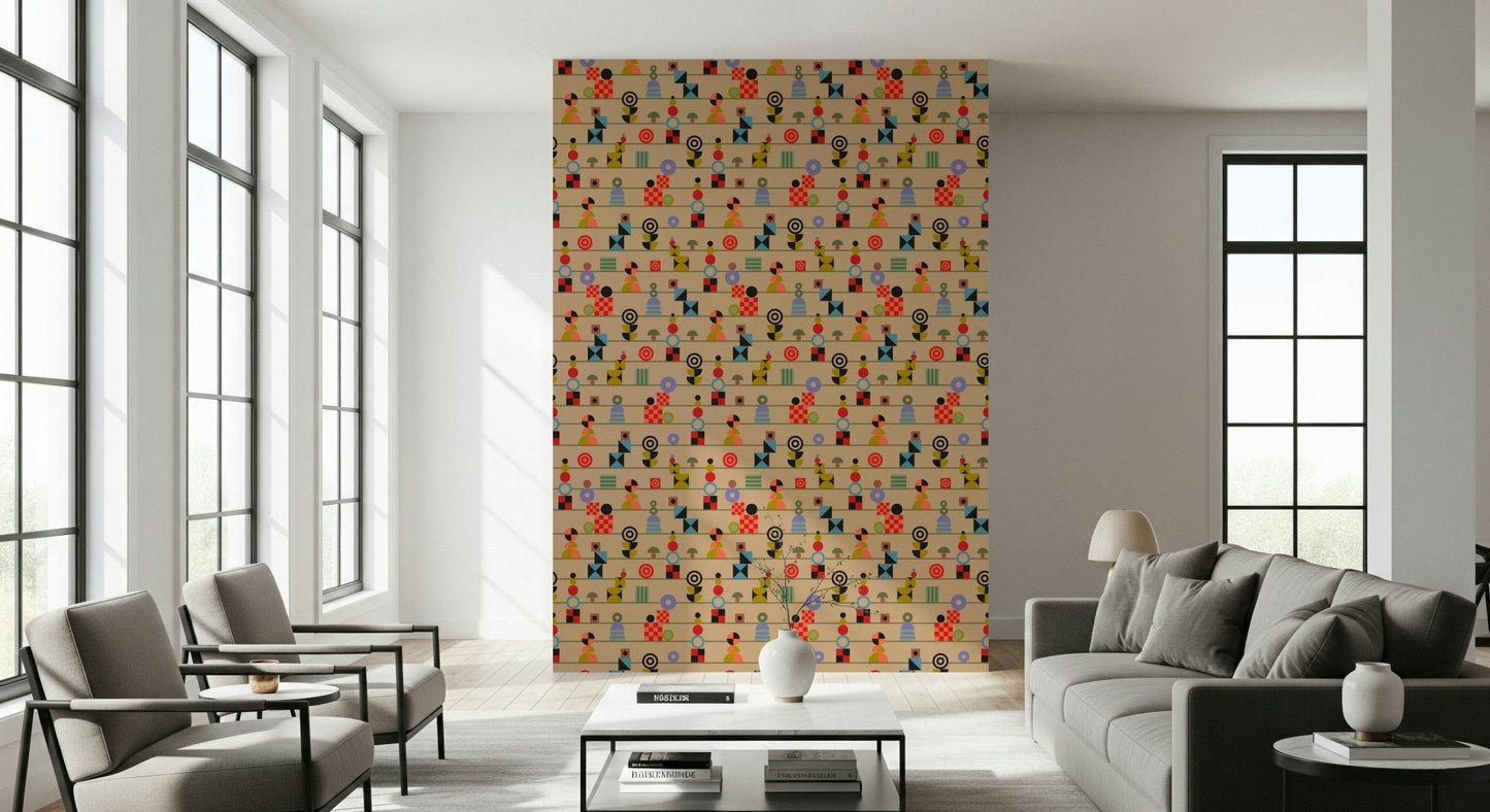A cream wallpaper decorated with vibrant geometric shapes stacked along horizontal stripe patterns.