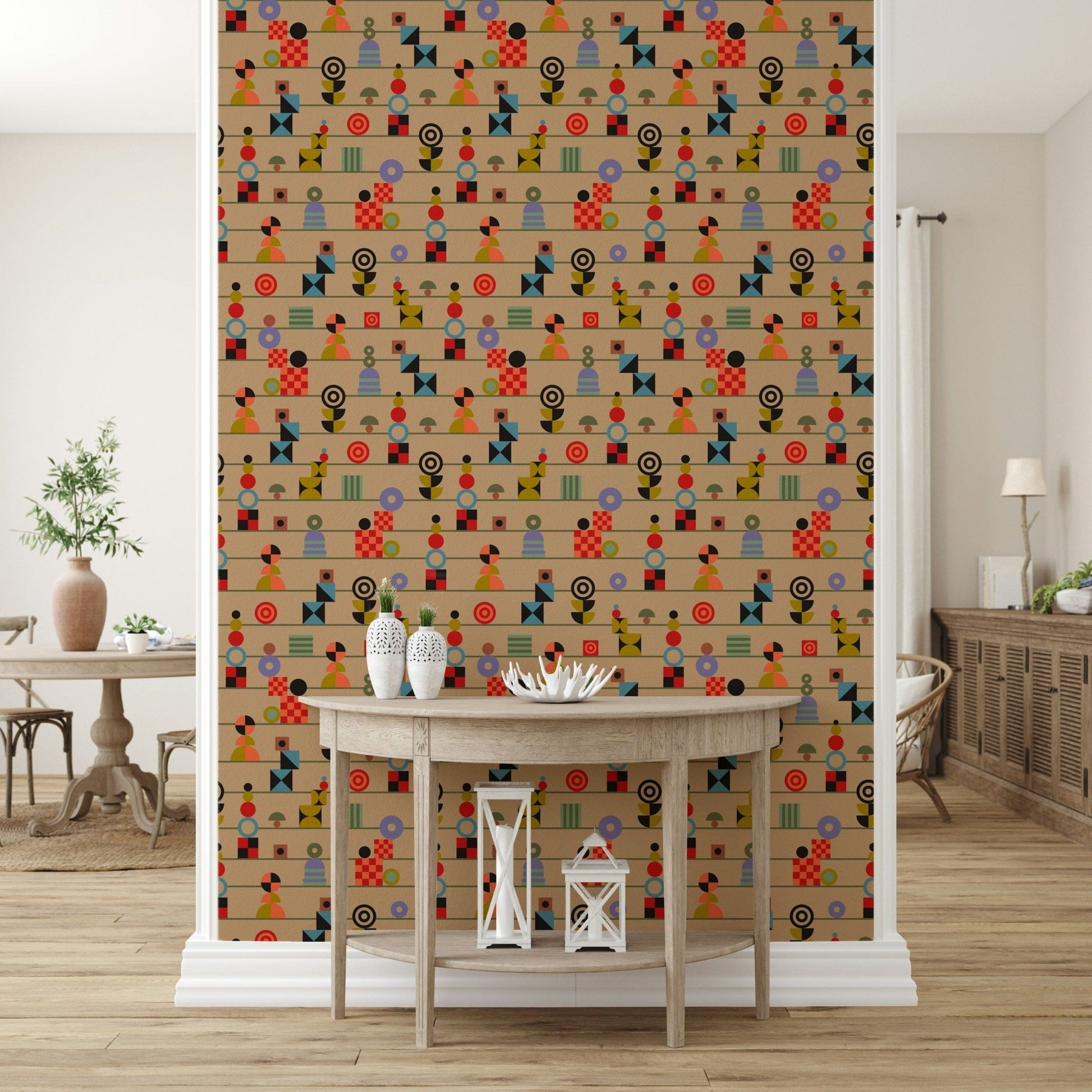 A lively wallpaper with stacked geometric icons repeating in colorful horizontal stripes.