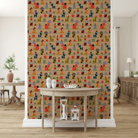 A lively wallpaper with stacked geometric icons repeating in colorful horizontal stripes.