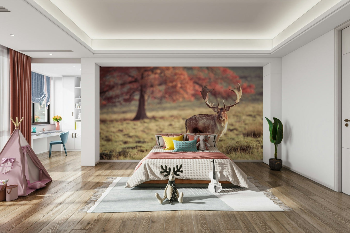 Beautiful autumn landscape with a deer standing tall

