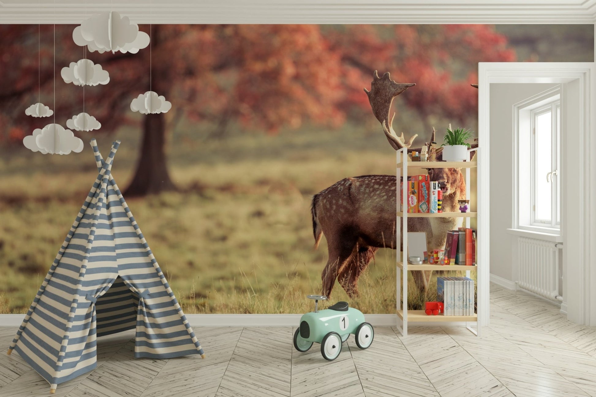 Beautiful autumn landscape with a deer standing tall

