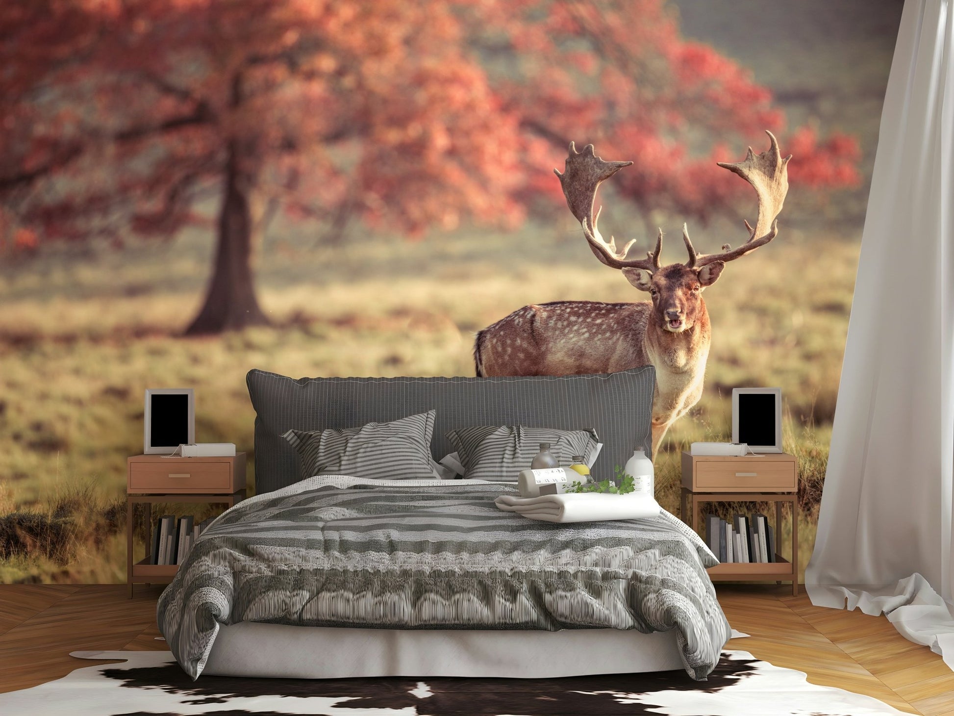 Close-up of a wild stag mural on wall

