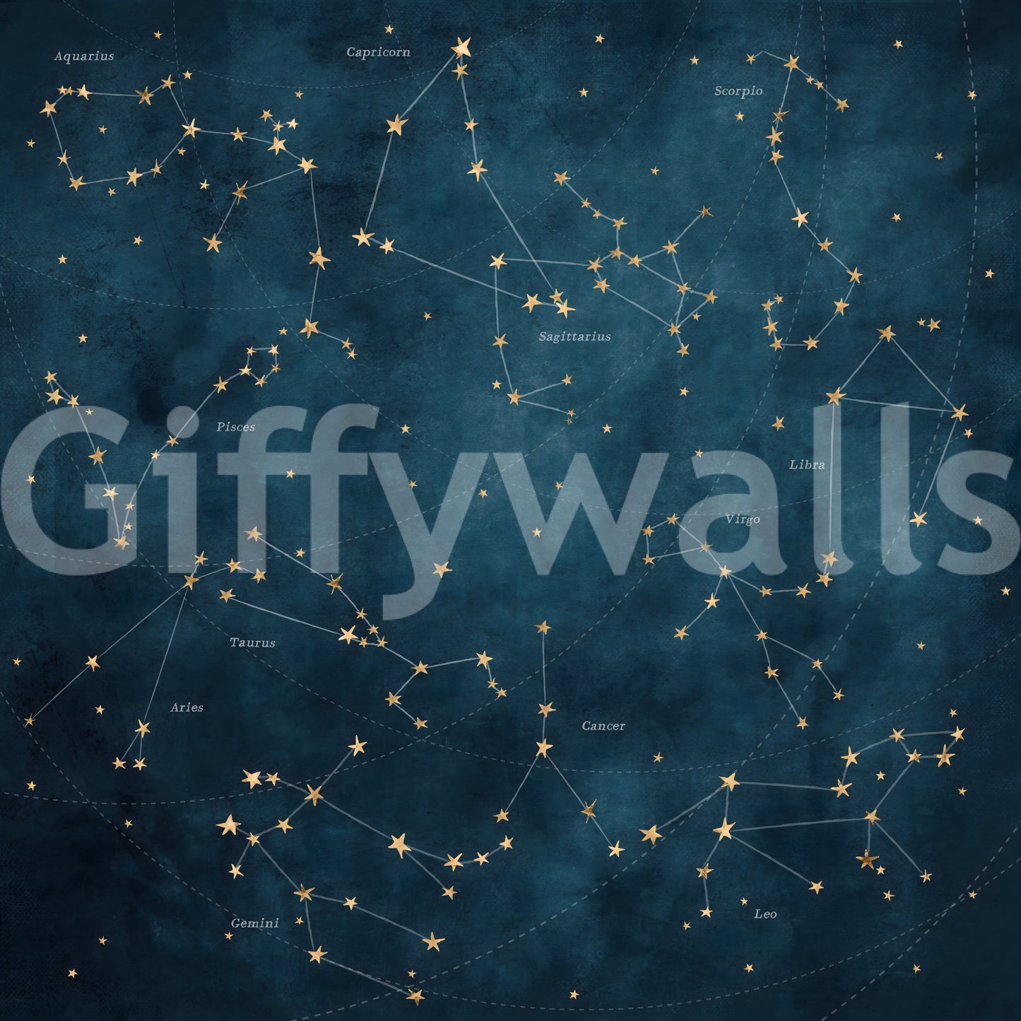 Intricate star map mural featuring zodiac signs in cosmic detail.

