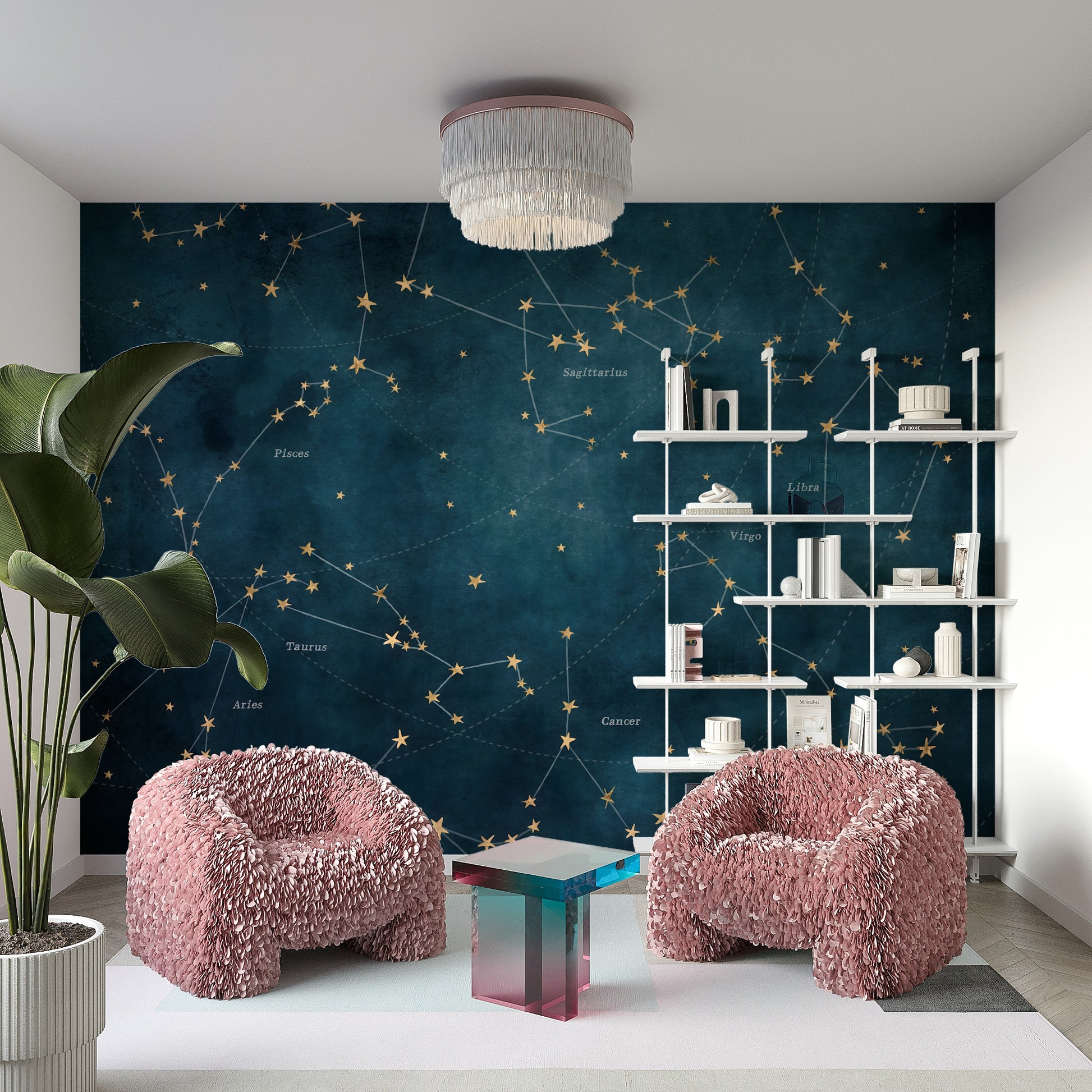 Mysterious star map mural with zodiac constellations for decor.


