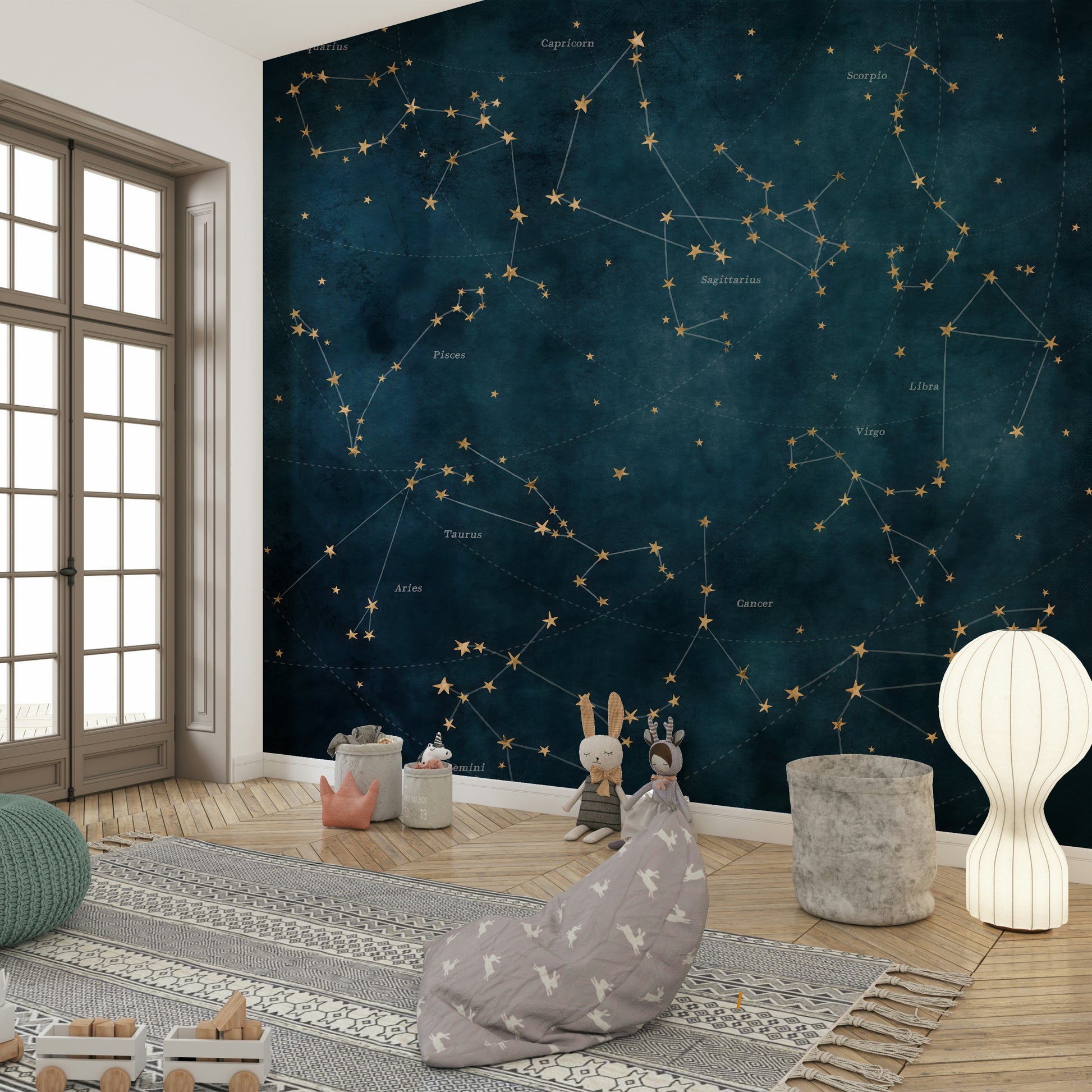 Zodiac constellation design mural with stars on a dark background.

