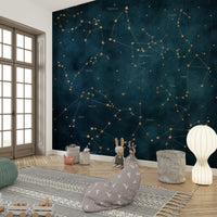 Zodiac constellation design mural with stars on a dark background.

