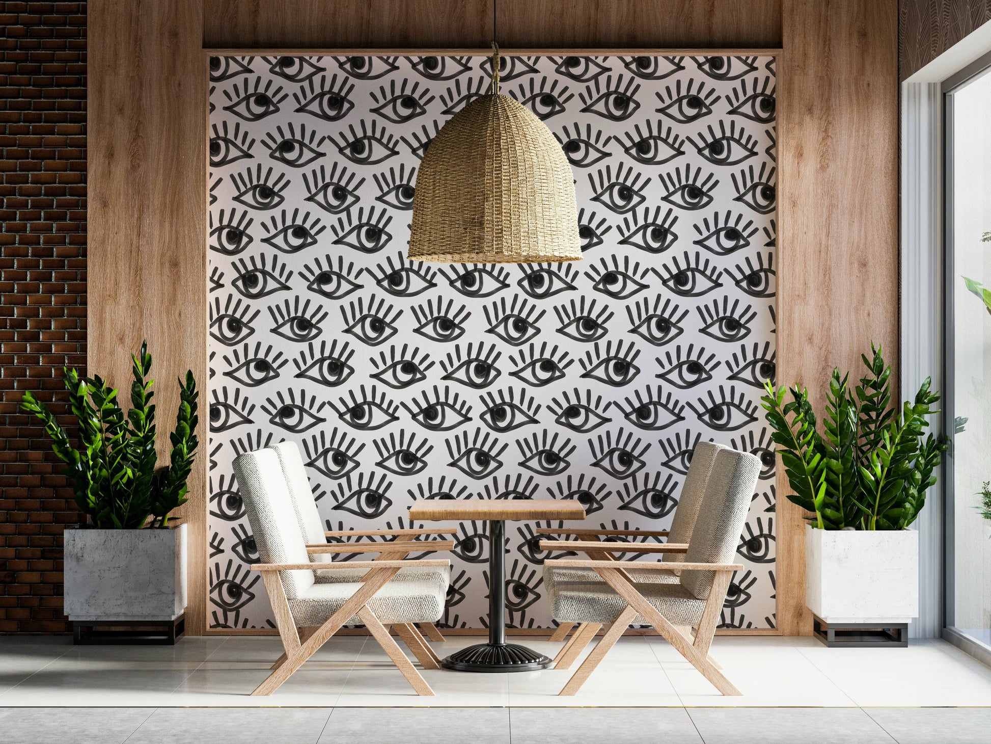 Decorative mural featuring layered black-and-white eyes creating a bold visual effect.