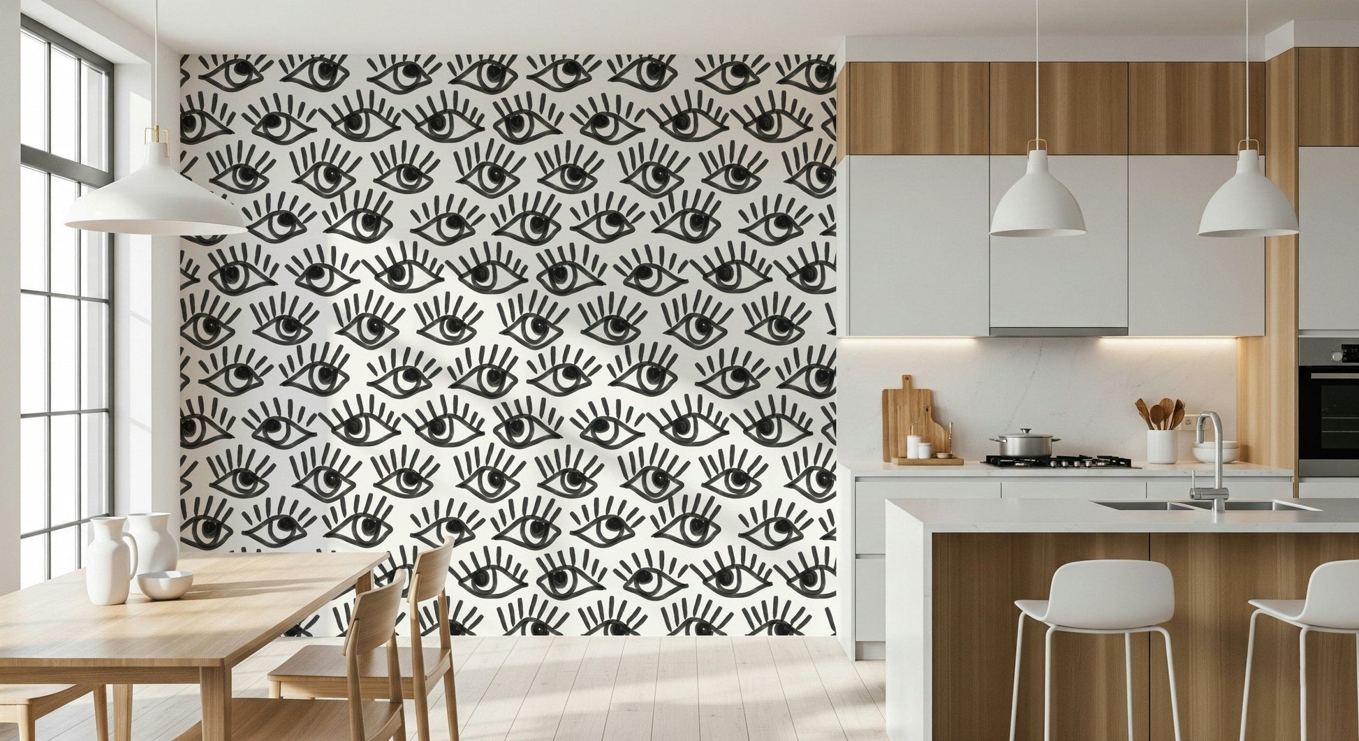 Wall mural with captivating staring eyes in monochrome tones for statement walls.