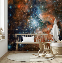 High-definition cosmic landscape in an open-plan apartment workspace.