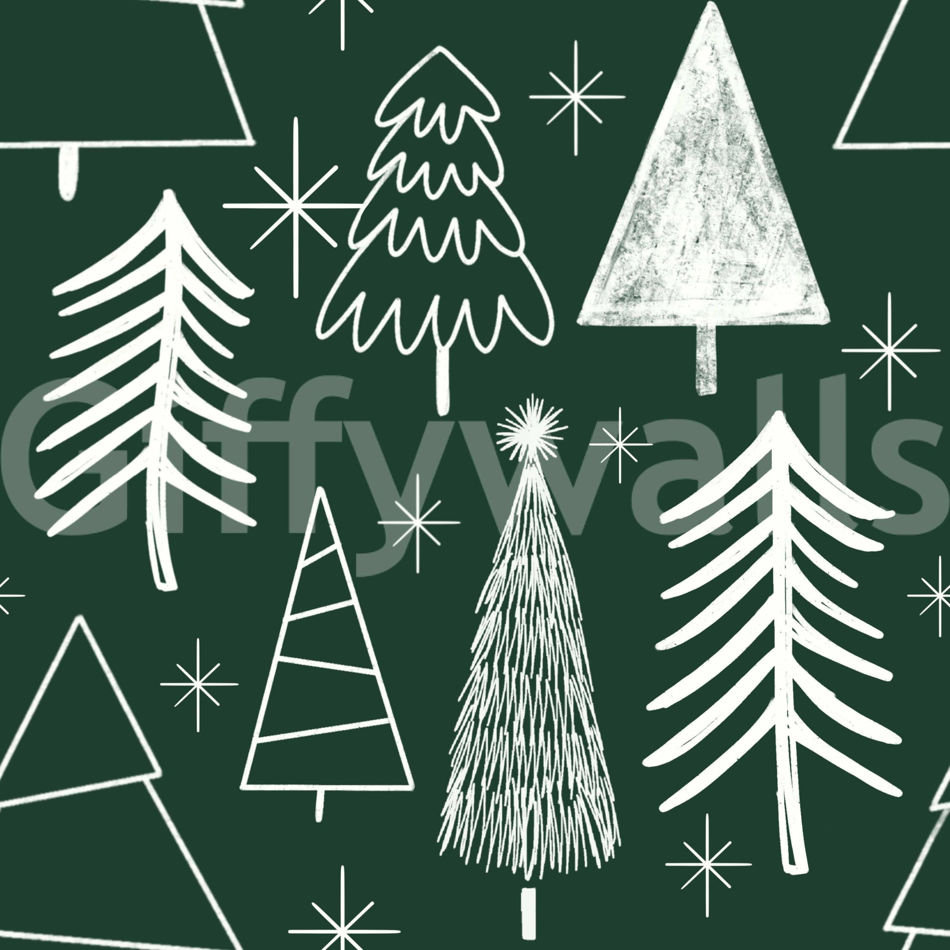 A playful Christmas wallpaper featuring assorted sketched trees and stars on a deep forest green.