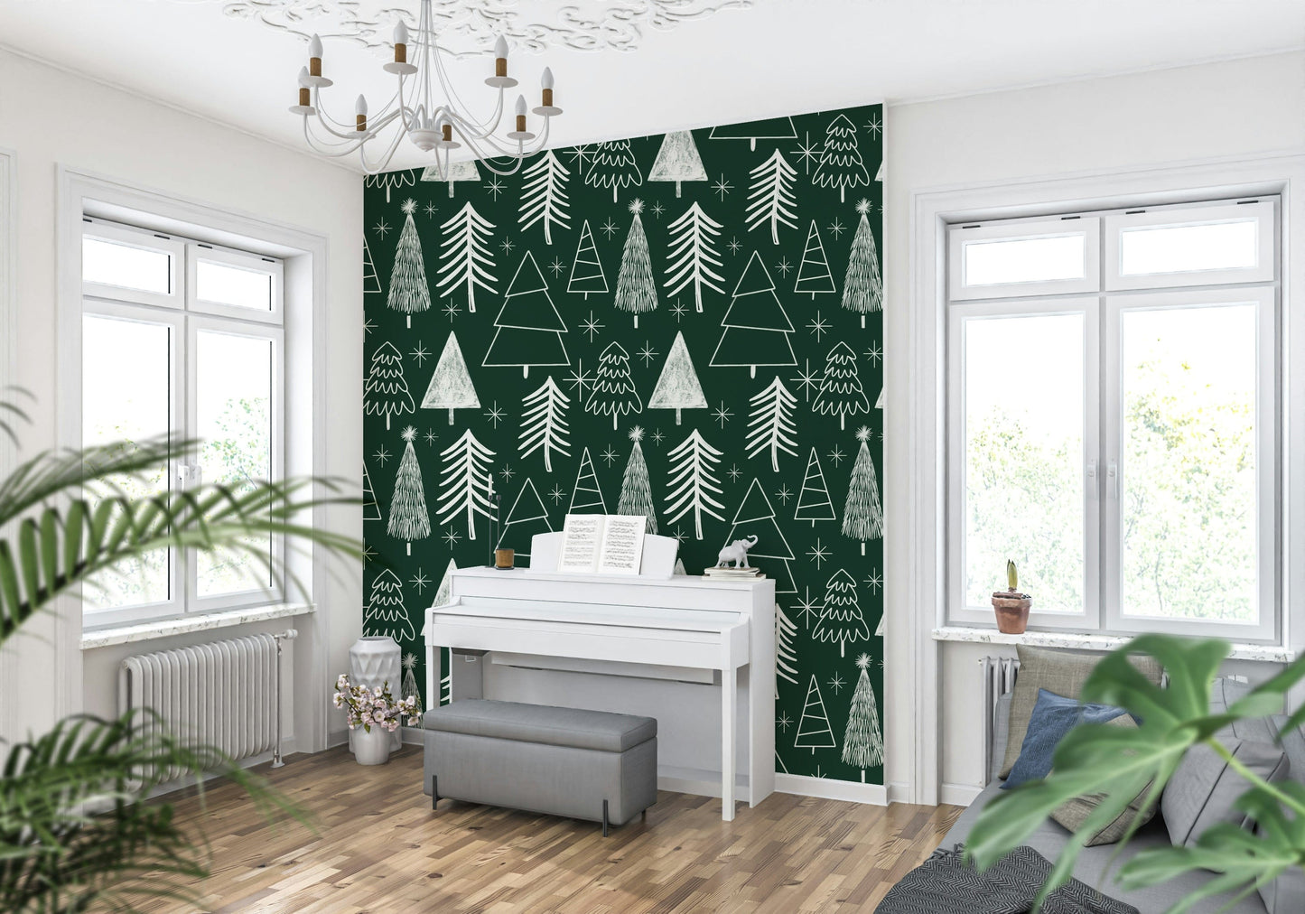 A winter woodland wallpaper showcasing doodle-style evergreens with sparkling star details.