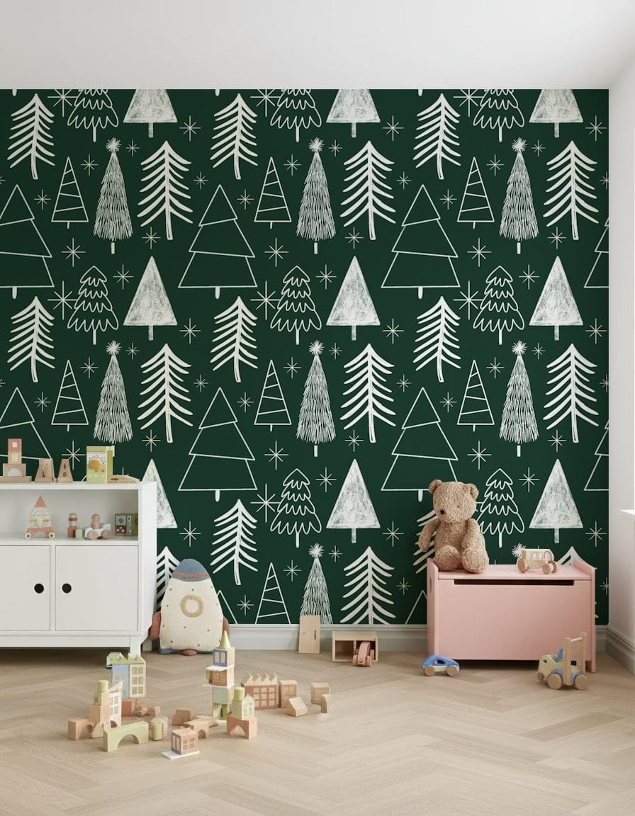 A dark green holiday wallpaper decorated with white illustrated evergreens and twinkling stars.