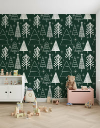 A dark green holiday wallpaper decorated with white illustrated evergreens and twinkling stars.