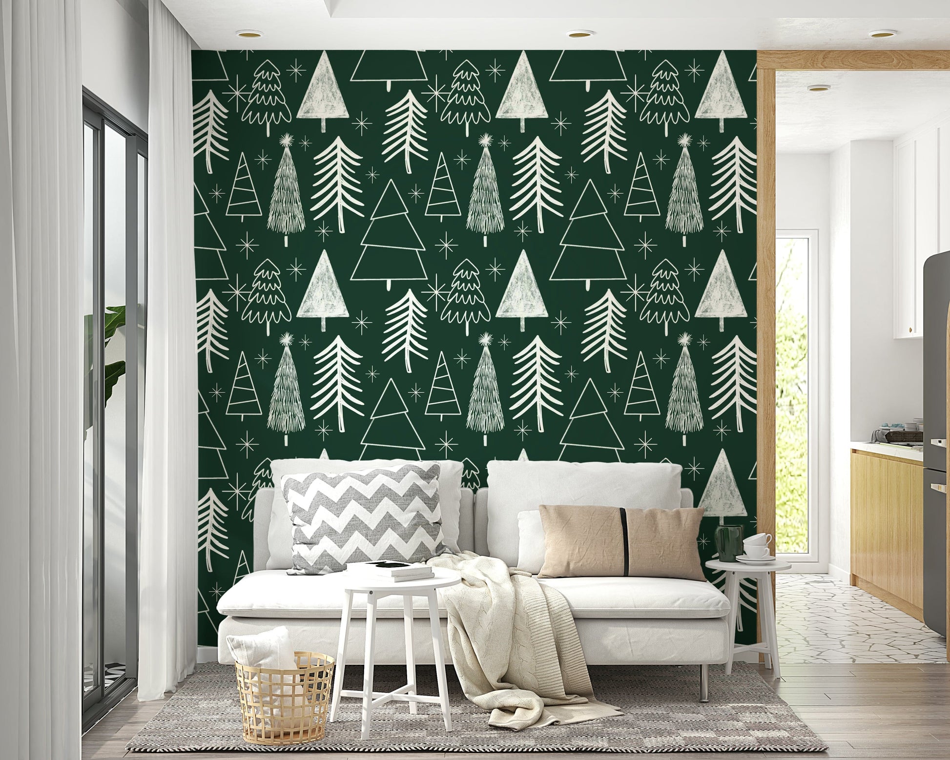 Chalk-style illustrated pine trees and sparkling stars creating a cozy holiday wallpaper design.