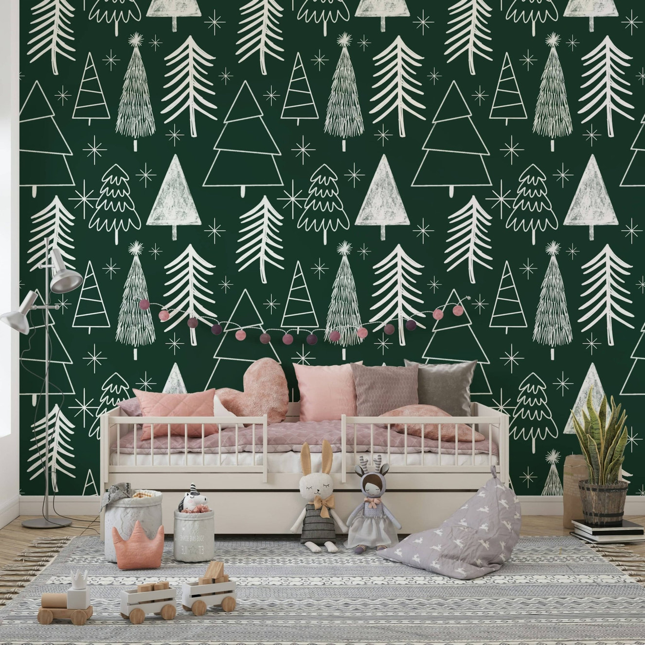 Minimalist chalk-drawn pine trees scattered across a forest-green wallpaper with star motifs.