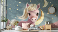 Soft tufted clouds and golden stars around pony

