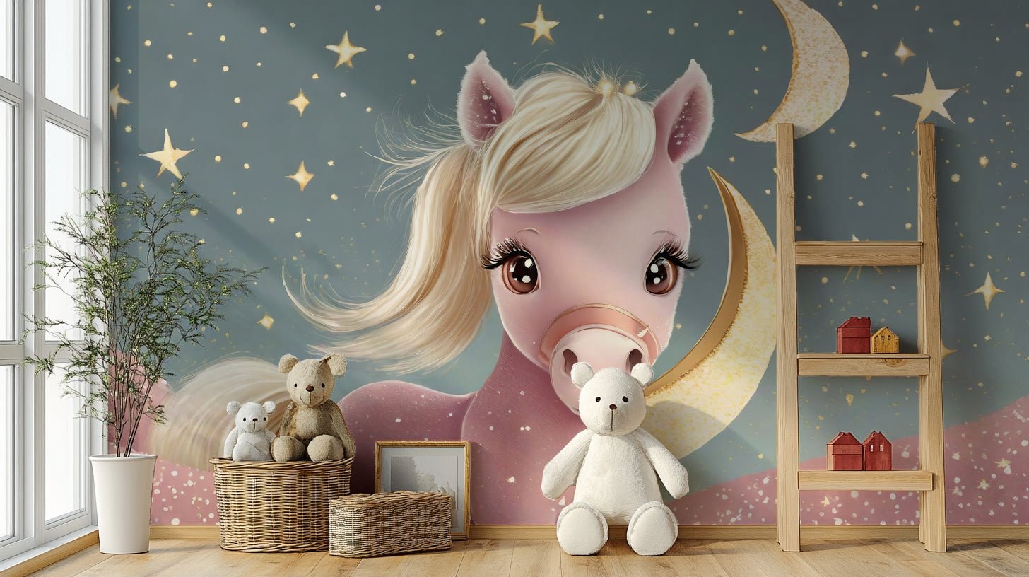 Cozy nursery wall mural of pony beneath crescent moon


