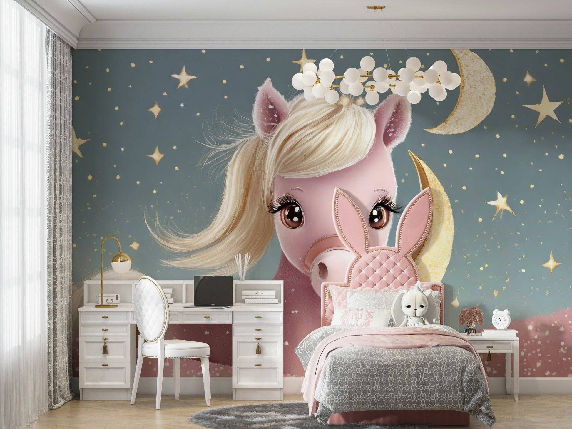 Sweet pony design in wall mural with twinkling stars


