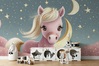 Crescent moon shining over pink pony and stars

