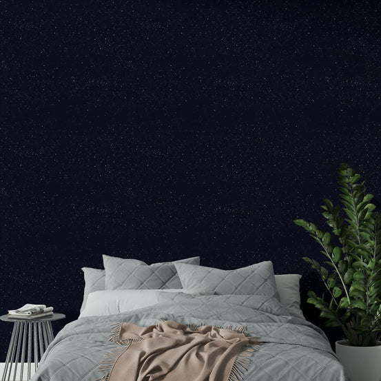 Navy blue starry sky wallpaper for a modern bedroom.

