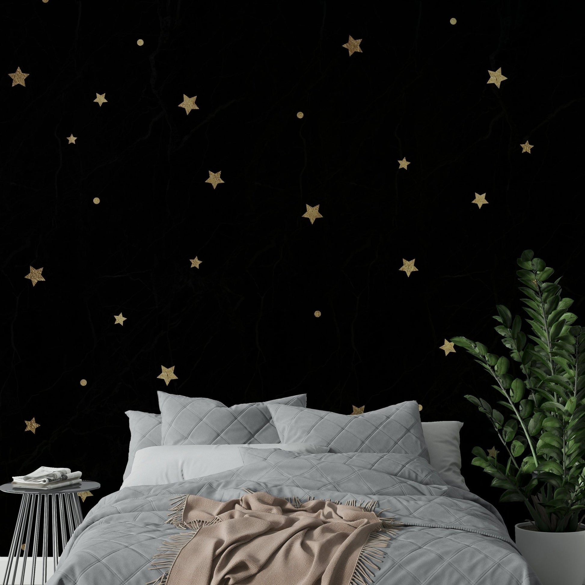 Subtle stars shining in a vast black sky mural design

