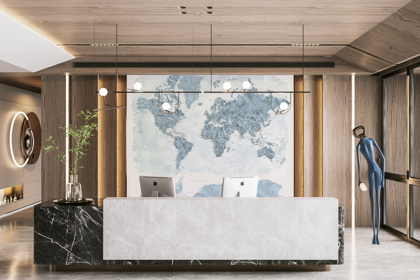 Steel Blue Watercolor World Map Wallpaper