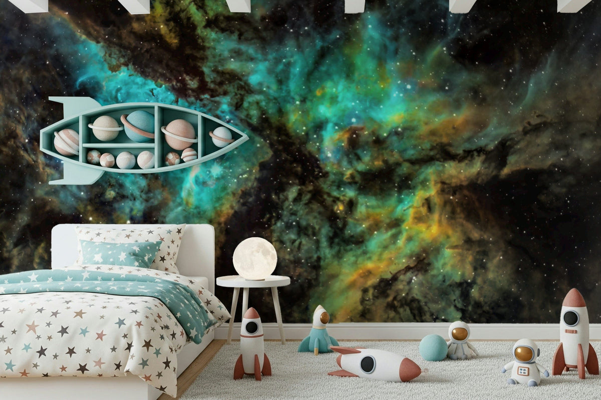 Stellar Dreamscape wallpaper mural of a teal and gold nebula in a kids room with a rocket planet shelf and star bed