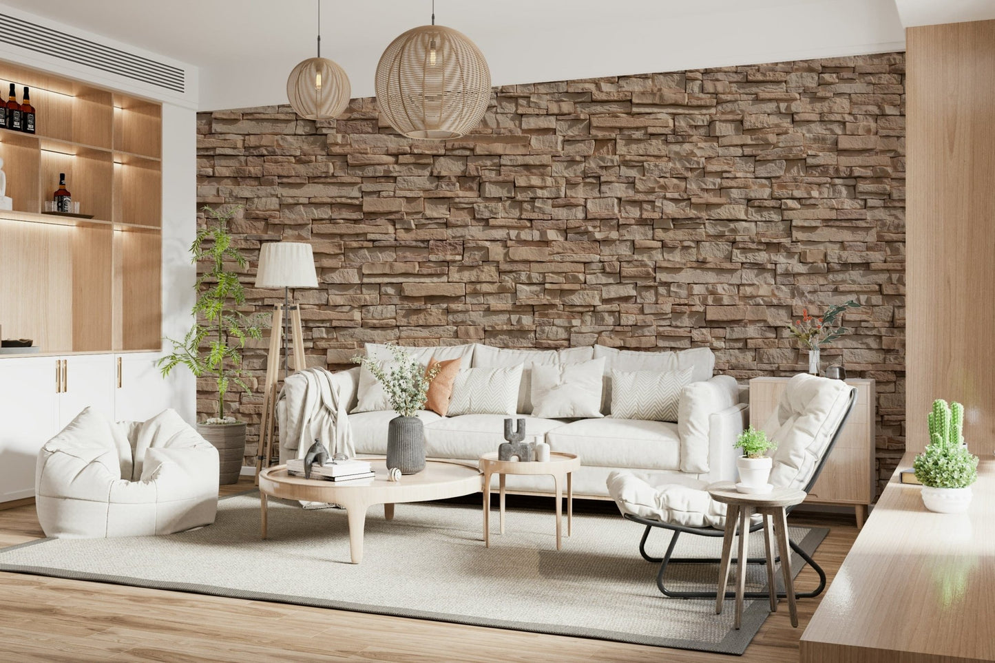 Textured wall mural mimicking natural stone cladding for rustic, modern, or industrial interiors.