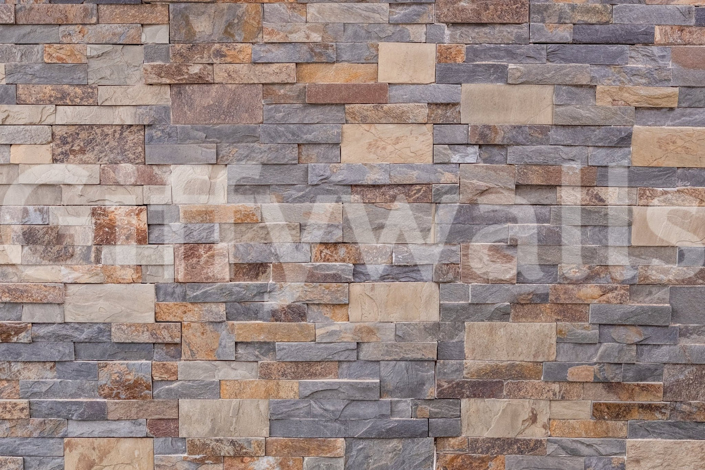 Stone Cladding wallpaper mural close-up showing stacked grey and tan ledger stone pattern detail