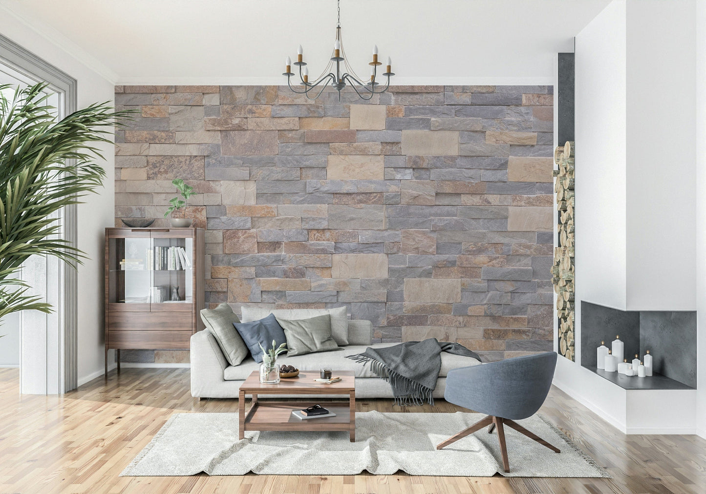 Textured wall art with natural stone slabs creating depth and dimension